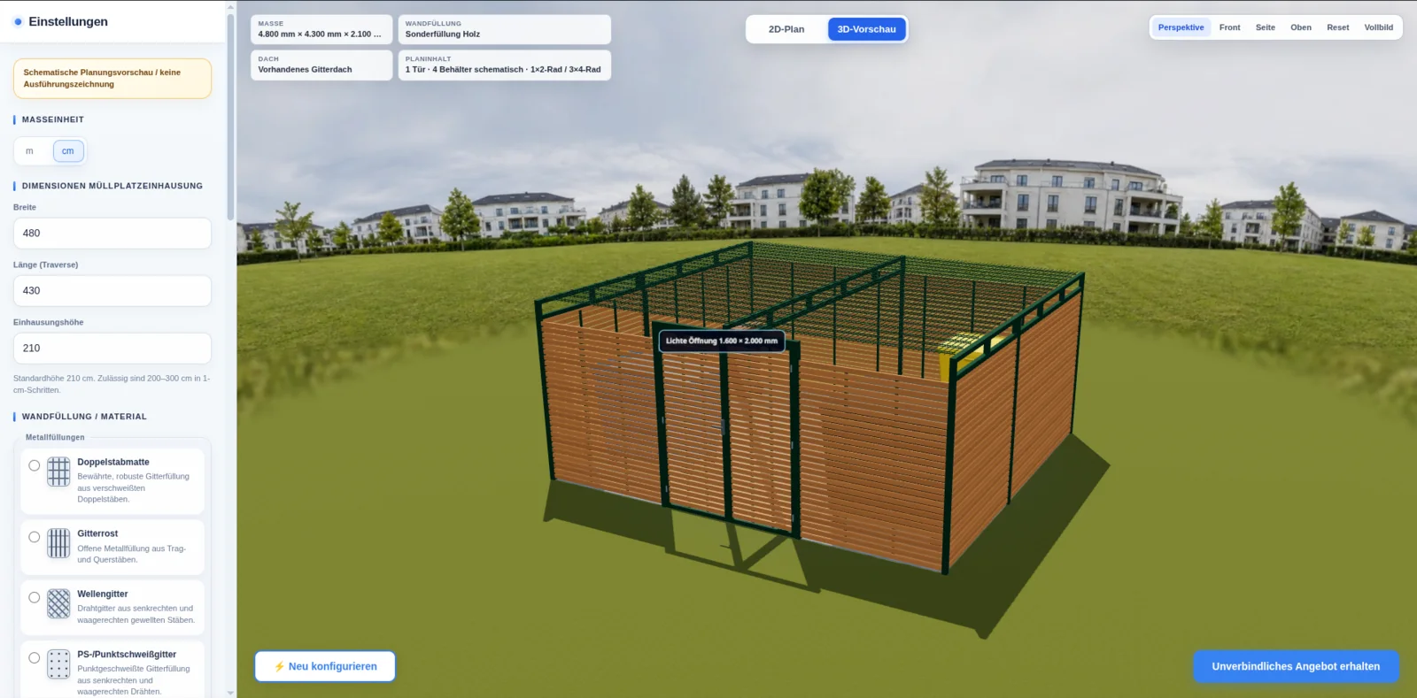 3D-Vorschau einer Müllplatzeinhausung mit Holzfüllung, Tür, Behältern und Gitterdach